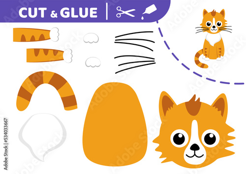 Funny red kitty. Cut and glue. Application work. Paper game. Vector