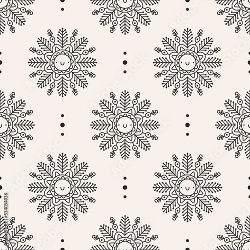 Doodle kawaii snowflakes. Christmas background. Vector seamless pattern.
