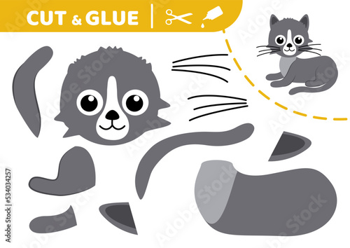 Cute grey cat. Cut and glue. Application work. Paper game. Vector
