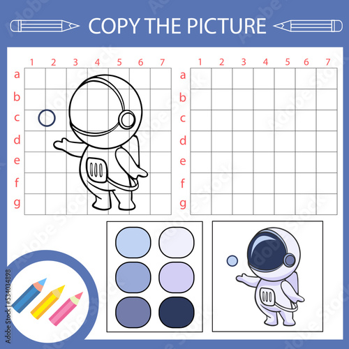 Copy drawing of cute cosmonaut. Children education activity page and worksheet. Funny riddle and game. Kids draw art lesson.