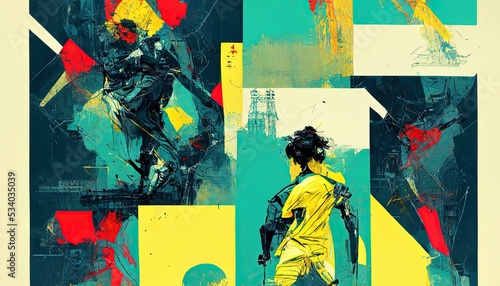 Symmetrical design with human shapes. Abstract painting.