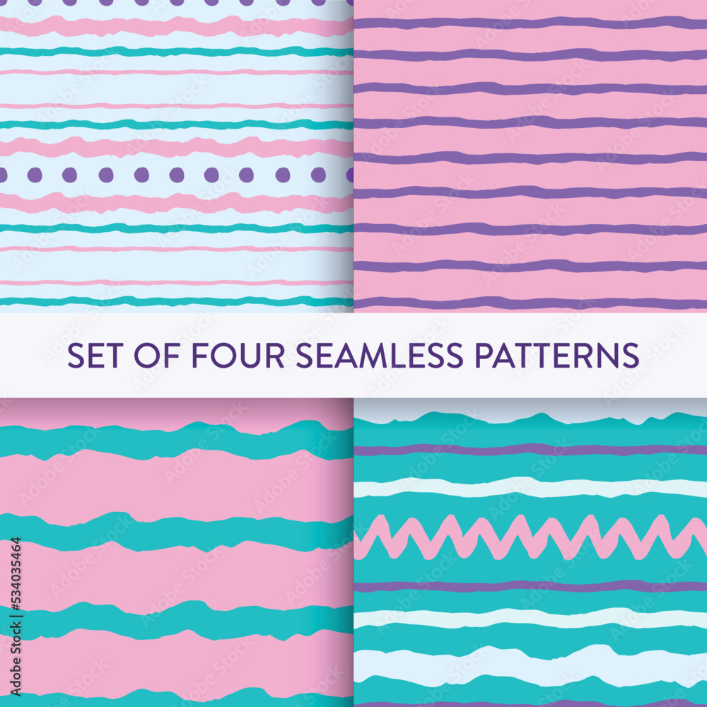 Freehand wavy stripes, zigzag, polka pattern set 