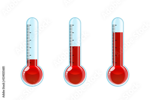 Set of three transparent red thermometers with different levels.