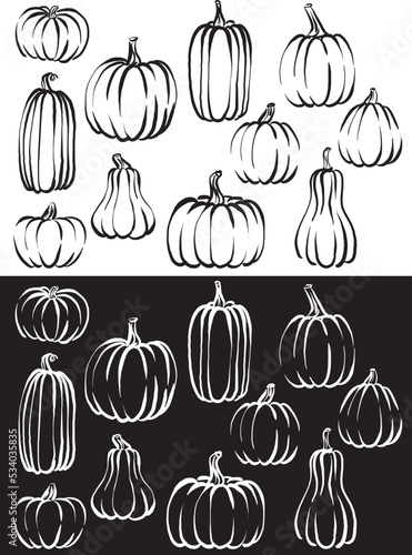 set black and white pumkins halloween concept drawing vector illustration