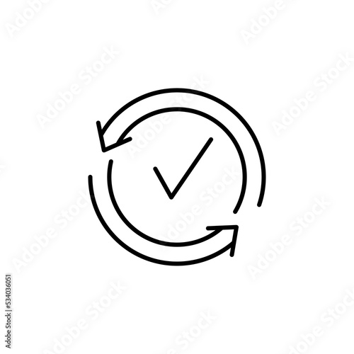 Black round checking process sync approved icon, simple turning arrows syncing flat design pictogram vector for app logo ads web webpage button on white background