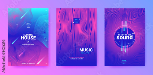 Abstract Dance Poster. Electronic Sound Flyer. Techno Music Cover. Vector 3d Background. Dance Posters Set. Geometric Fest Illustration. Gradient Wave Round. Futuristic Dance Posters.