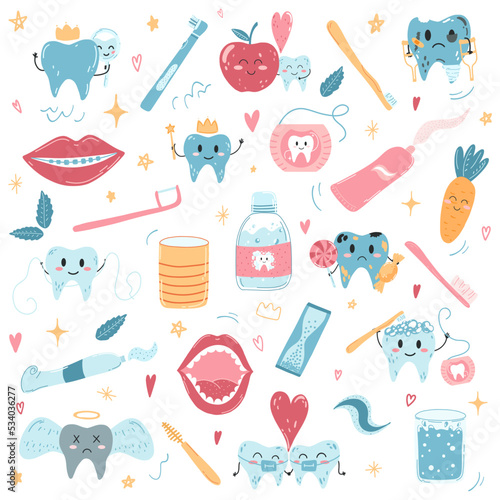 Hand drawn vector set of kawaii teeth characters and oral care products in cartoon flat style. Toothbrushes, toothpaste, mouth, dental floss. Dental care concept