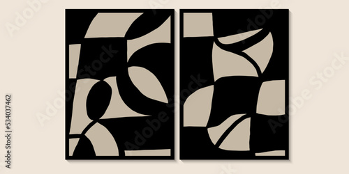 Abstract Mid Century Black Shapes. Minimalist wall art in siyah, bej colors. Simple line style. Black geometric shapes, circles, Modern creative pattern.