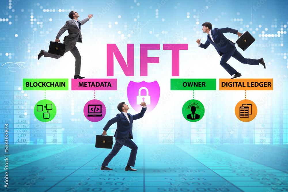 Businessman in NFT non fungible concept Businessman in NFT non fungible concept