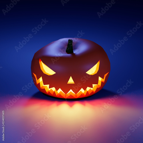 Pumpkin head on dark blue background. Jack lantern - traditional Halloween decor. 