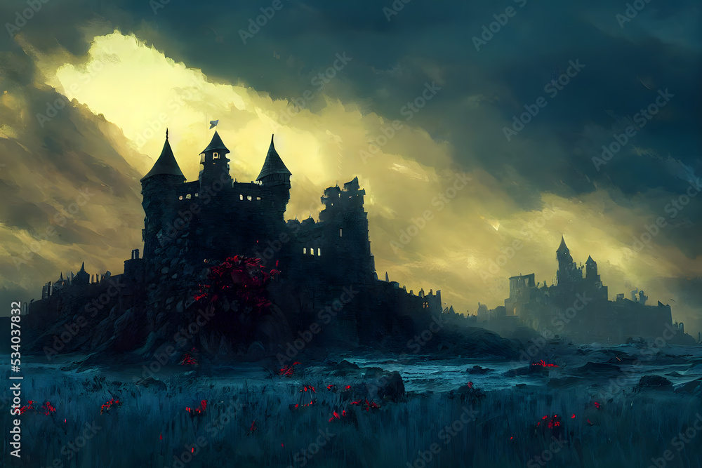 Coastal Haunted Castle surrounded by Blood Red Florals Concept Art