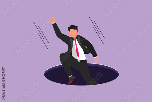 Character flat drawing businessman fell into manhole underground sewer. Manager fell sewer hatch. Depressed and business failure concept. Defeated worker metaphor. Cartoon design vector illustration