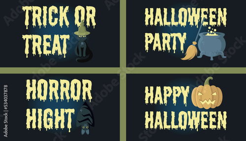 Halloween Banners Vector Set. Lettering With Black Cat, Bat, Jack O'Lantern, Cauldron, Broom Illustration. Perfect for Web Sites, Social Media, Printed Materials