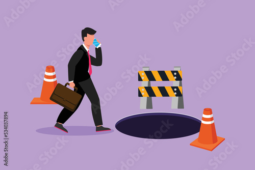 Cartoon flat style drawing young businessman talking on cell phone and he does not see the hole in front. Male manager using smartphone and walks to business trap. Graphic design vector illustration