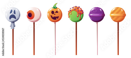 Halloween sweet lollipops, round lollipops. Vector cartoon set of caramel suckers with patterns, candy on a stick with a pattern of pumpkin, ghost