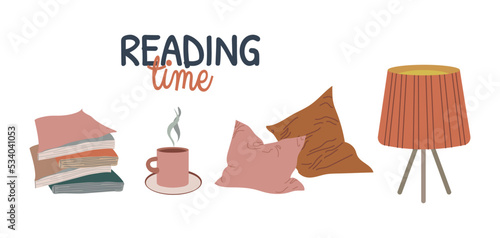 Reading time cozy elements vector illustration isolated on white background. Hygge concept set in warm scandinavian palette. Hand drawn flat style