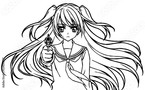 Illustration for coloring book of a high school girl with a gun 