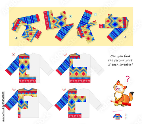 Logic puzzle for children and adults. Can you find the second part of each sweater? Educational game. Page for kids brain teaser book. Developing spatial thinking skills. Play online. Cartoon vector. photo