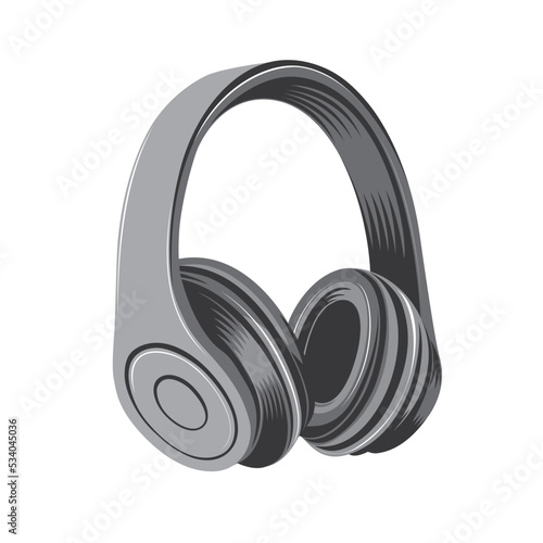 Vector illustration of wireless headphones in monochrome tones on a white isolated background