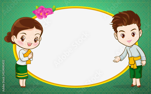 Thai couple cartoon character in traditional costume presenter Sawasdee and welcome for menu template