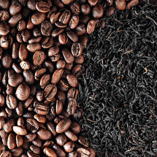 coffee vs. tea top view. choice of drink concept. tea or coffee? coffee beans and natural black tea