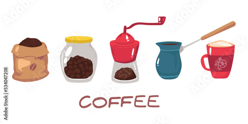 Big set of icons in flat style. Stylish coffee set of icons. Coffee  coffee drinks  coffee pots  and other devices and desserts 