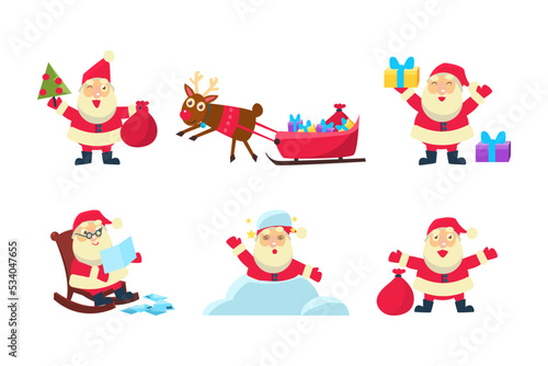 Collection of Christmas Santa Claus in different situations cartoon vector illustration