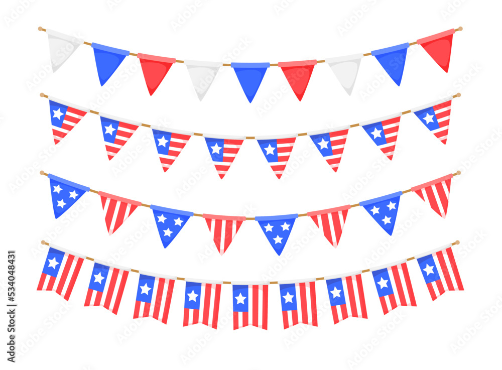 USA flag garlands set. US patriotic pennants chains collection. American party bunting decoration. United States flags for celebration. Vector background. USA flag garlands set. US patriotic pennants chains collection. American party bunting decoration. United States flags for celebration. Vector background.