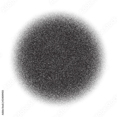 Grain circle gradient. Stippled round shape. Radial stochastic dotwork texture. Random grunge noise background. Black dots sphere. Halftone vector 