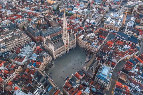 Sunset cityscape of the City of Brussels, Belgium: Aerial view of Grand Place square and Town Hall (Hôtel de Ville de Bruxelles)