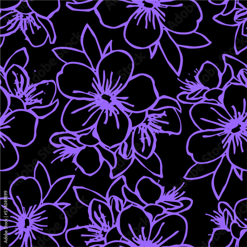 seamless pattern of blue contours of flowers on a black background, texture, design