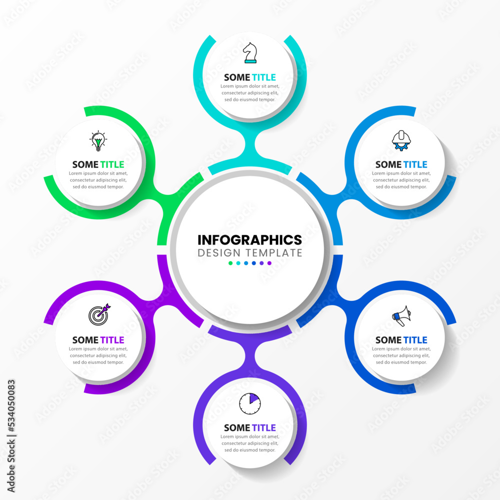 Infographic template. A circle with 6 steps connected to the center Infographic template. A circle with 6 steps connected to the center