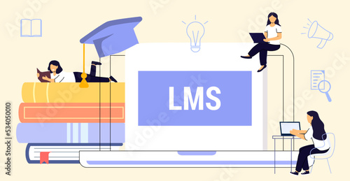 LMS Learning Management System software application concept Educational online training for skill administration, documentation, tracking, reports and delivery Piles of textbooks Vector illustration