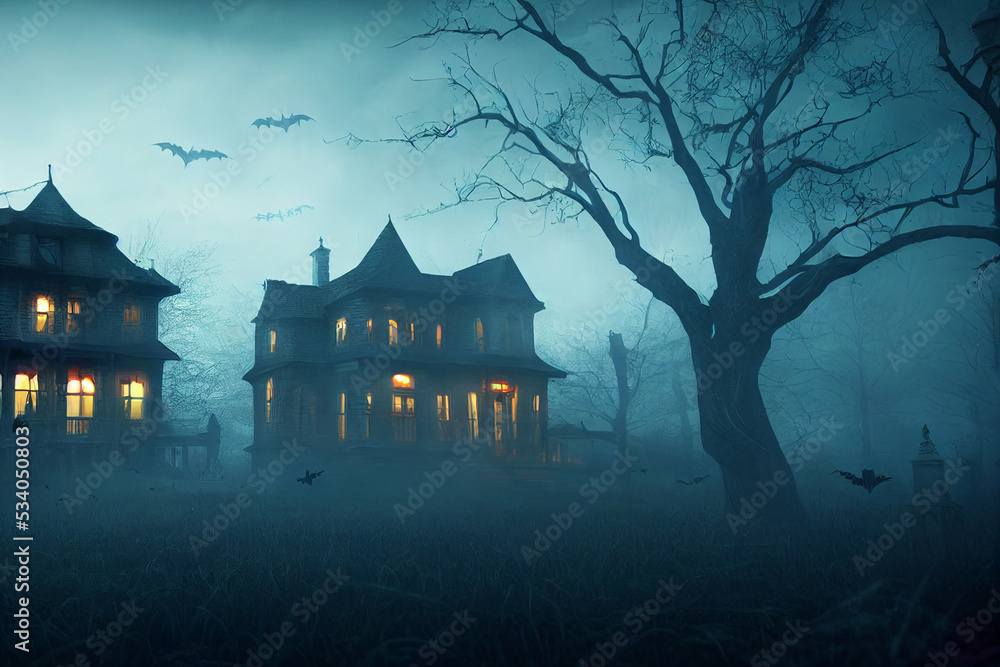 Obraz premium spooky Halloween card with haunted house at night