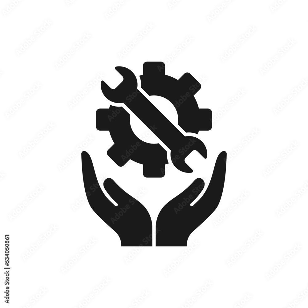 Gear and wrench on hand icon flat style isolated on white background. Vector illustration Gear and wrench on hand icon flat style isolated on white background. Vector illustration