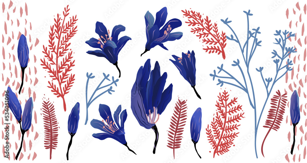 Conjunto de elementos florales, recurso de flores azules y rojas. Flores de  Agapanto vectorizadas en colores azules, morados y rojos. Stock Vector |  Adobe Stock