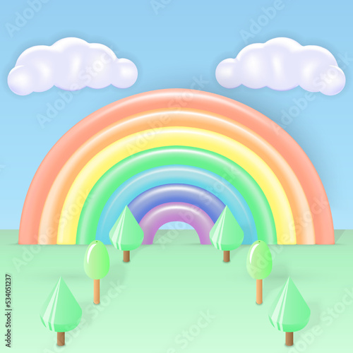 Plasticine or polymer miniature 3d forest background in pastel tones decorated with cute seven color rainbow arc and clouds on the sky background. Cartoon Style Concept.