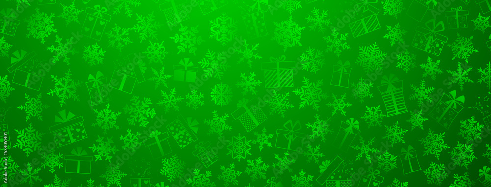 Background made of complex Christmas snowflakes and gift boxes with different patterns, in green colors Background made of complex Christmas snowflakes and gift boxes with different patterns, in green colors