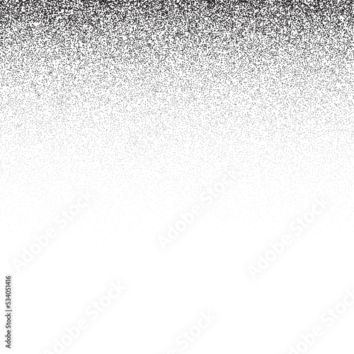 Grain stippled gradient. Faded stochastic dotwork texture. Random grunge noise background. Black dots, speckles or particles wallpaper. Halftone vector monochrome 
