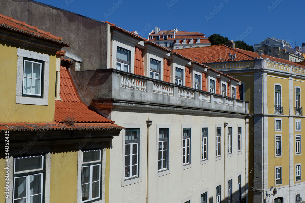 Classical facades of the residential buildings in Alfama district, Lisbon downtown, Portugal