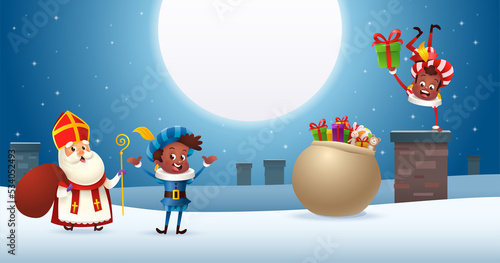 Saint Nicholas or Sinterklaas and friends deliver gifts on roof - winter night scene - Christmas holidays