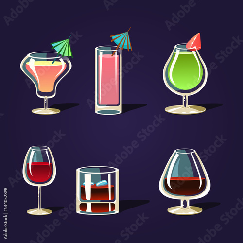 Set of cocktail glasses. Mixed alcoholic and nonalcoholic drinks with fruits vector illustration
