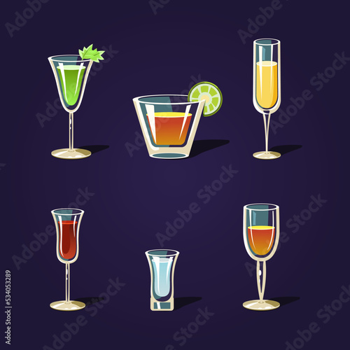 Set of mixed alcoholic and nonalcoholic drinks and cocktails vector illustration