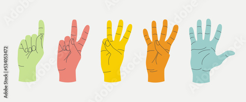 Valokuva Set of gestures colourful human hands counting