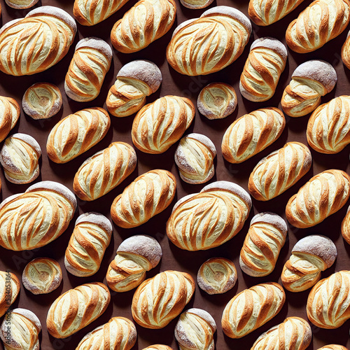 Seamless pattern of buns, croissants, appetizing pastries. It can be used for wallpaper, fabric design, textile design, cover, wrapping paper, banner, card, background, menu
