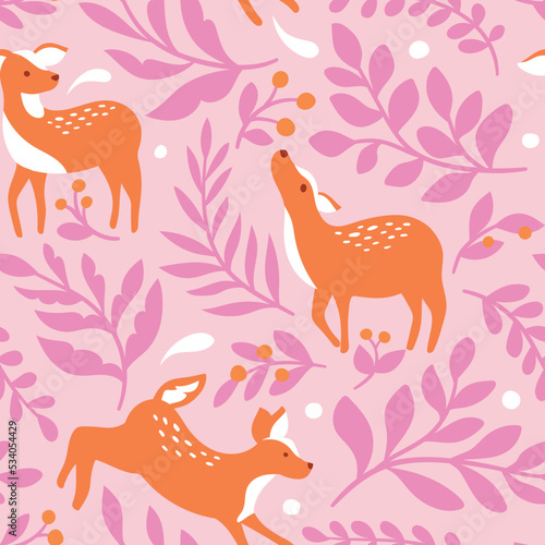 Vector Seamless pattern with deer and botanical elements.