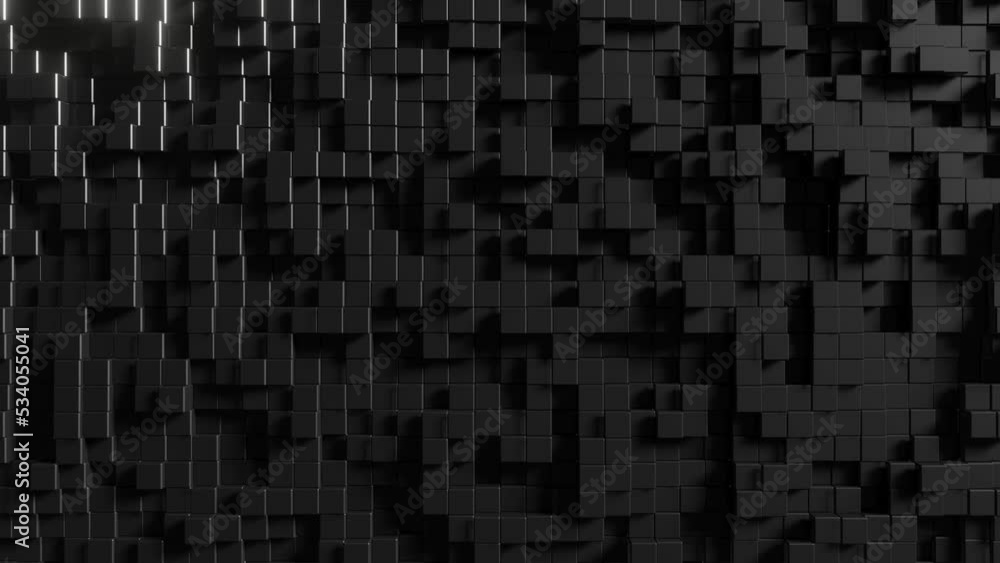 Modern abstract animated construction with black cubes. Trendy 3d render seamless loop animation. Endless movement background with realistic elements Modern abstract animated construction with black cubes. Trendy 3d render seamless loop animation. Endless movement background with realistic elements