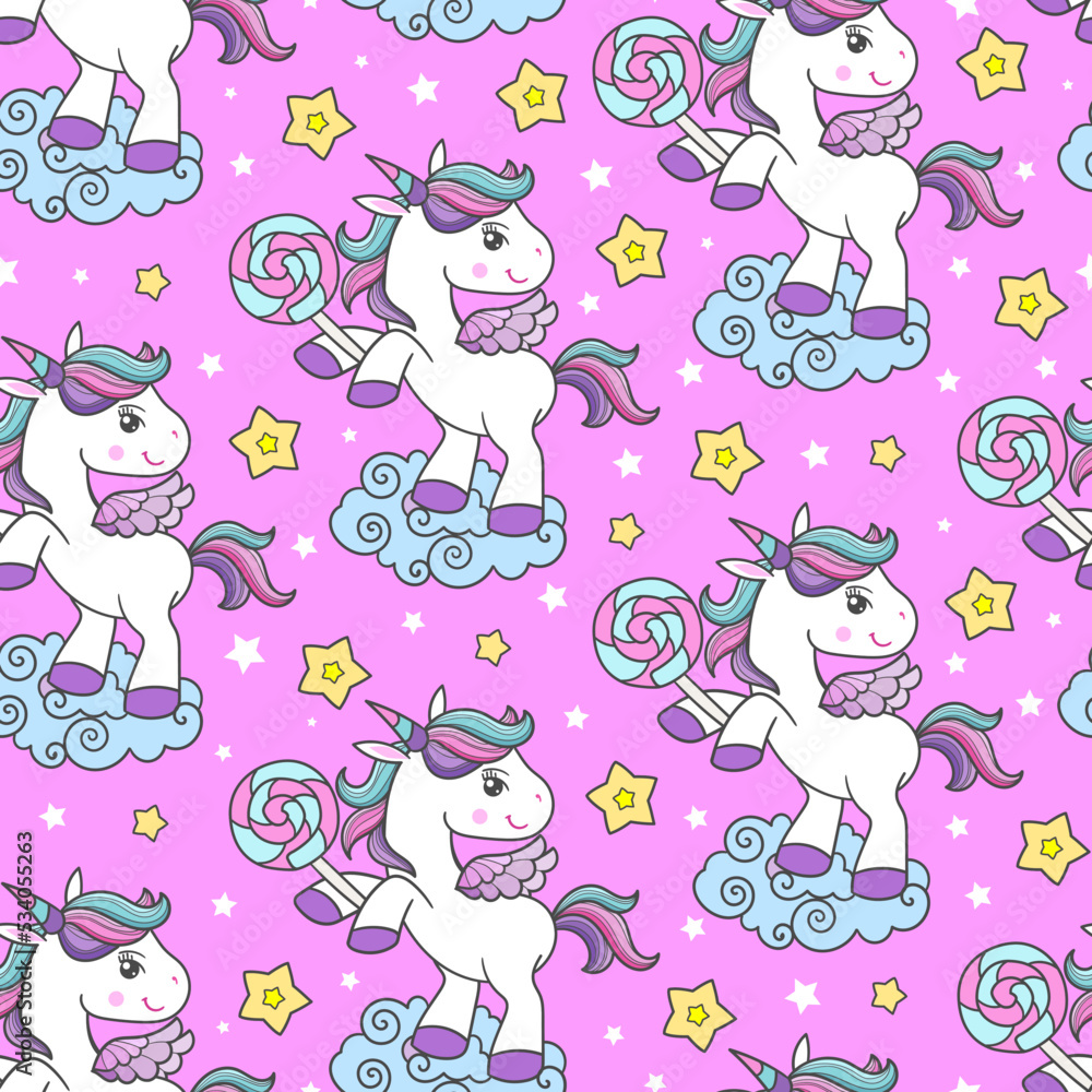 Seamless pattern with unicorns with rainbow mane on a pink background. For fabric design, wallpapers, backgrounds, wrapping paper, scrapbooking and so on. Vector