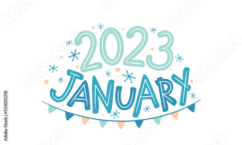 January 2023 logo with hand drawn snowflakes and garland. Months emblem for the design of calendars, seasons postcards, diaries. Doodle Vector illustration isolated on white background. photo