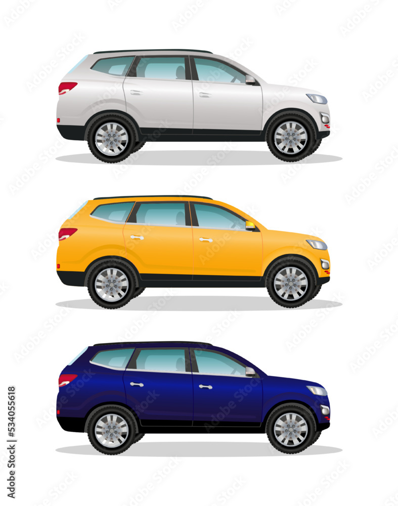 Three different colors cars on white background. Luxury offroad vehicles, white, yellow, blue. Realistic crossover.